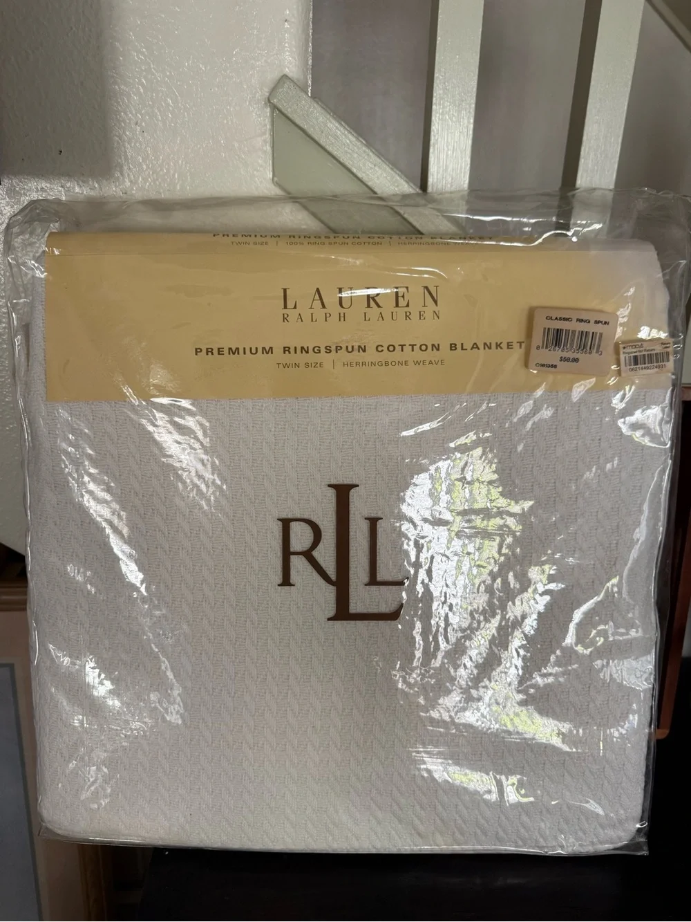 Ralph Lauren White Herringbone Cotton Blanket with Brown RLL Logo